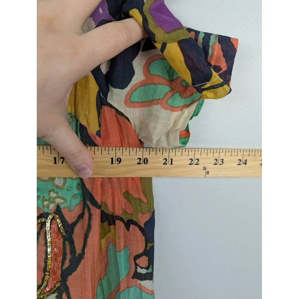 Essentiel Beach Women's Silk Blend Top EU42 Large‎ Floral Tan Shirt Sequence - Picture 7 of 11